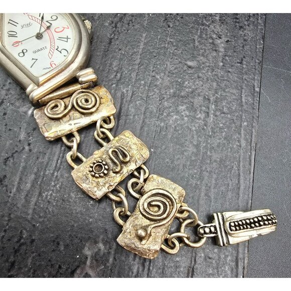 Vintage Silver-Tone Quartz Watch Textured Linked Band & Artistic Design JJ4154 - Picture 2 of 7